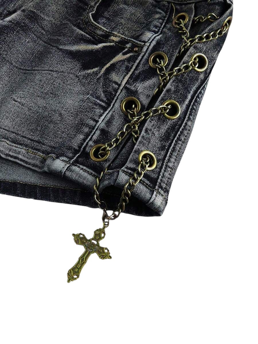 Women's Black Vintage Wash Low-Rise Denim Shorts with Cross Charm Detail