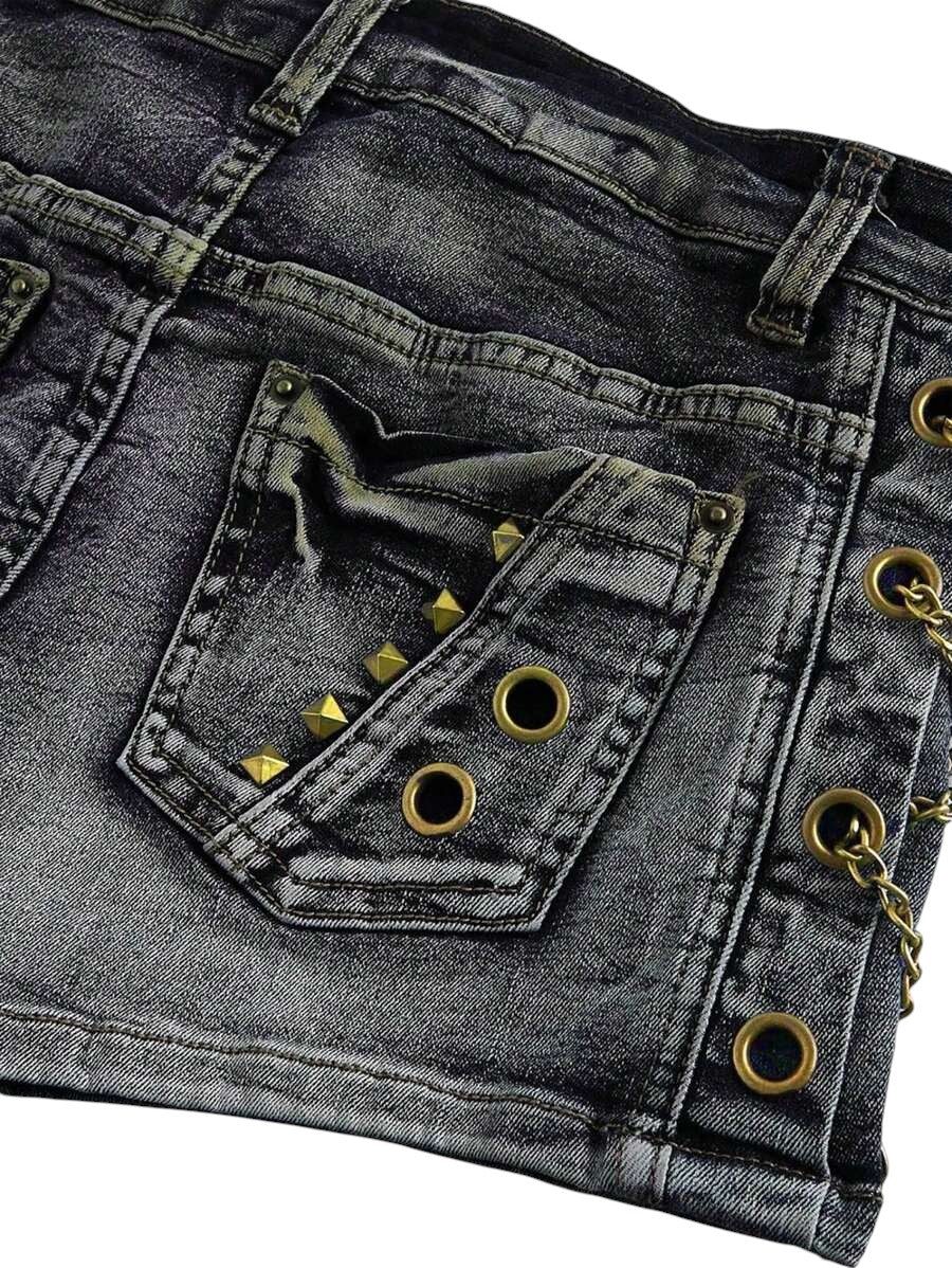 Women's Black Vintage Wash Low-Rise Denim Shorts with Cross Charm Detail