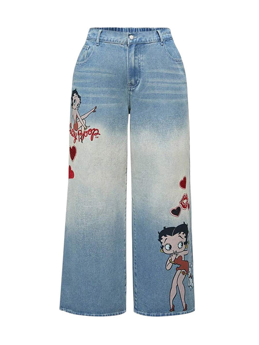 Betty Boop Baby Blue Embroidered Distressed Vintage Wash Plus Size Denim Jeans