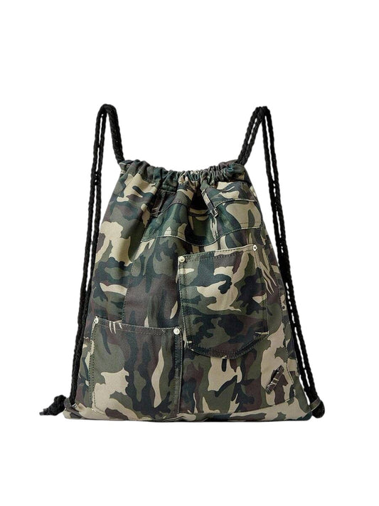 Vintage Camouflage Multi-Pocket Drawstring Utility Backpack