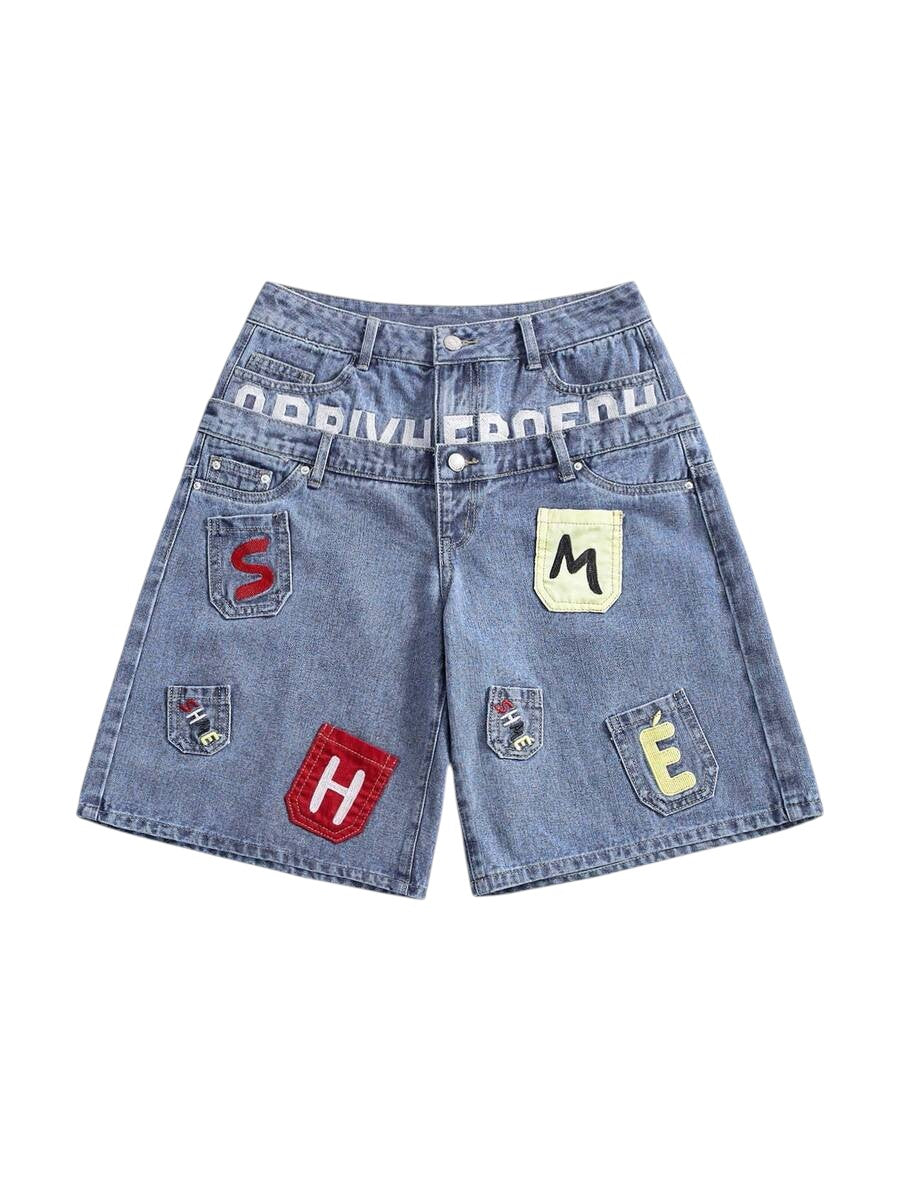 Y2K Embroidered Low Rise Loose Fit Denim Bermuda Shorts