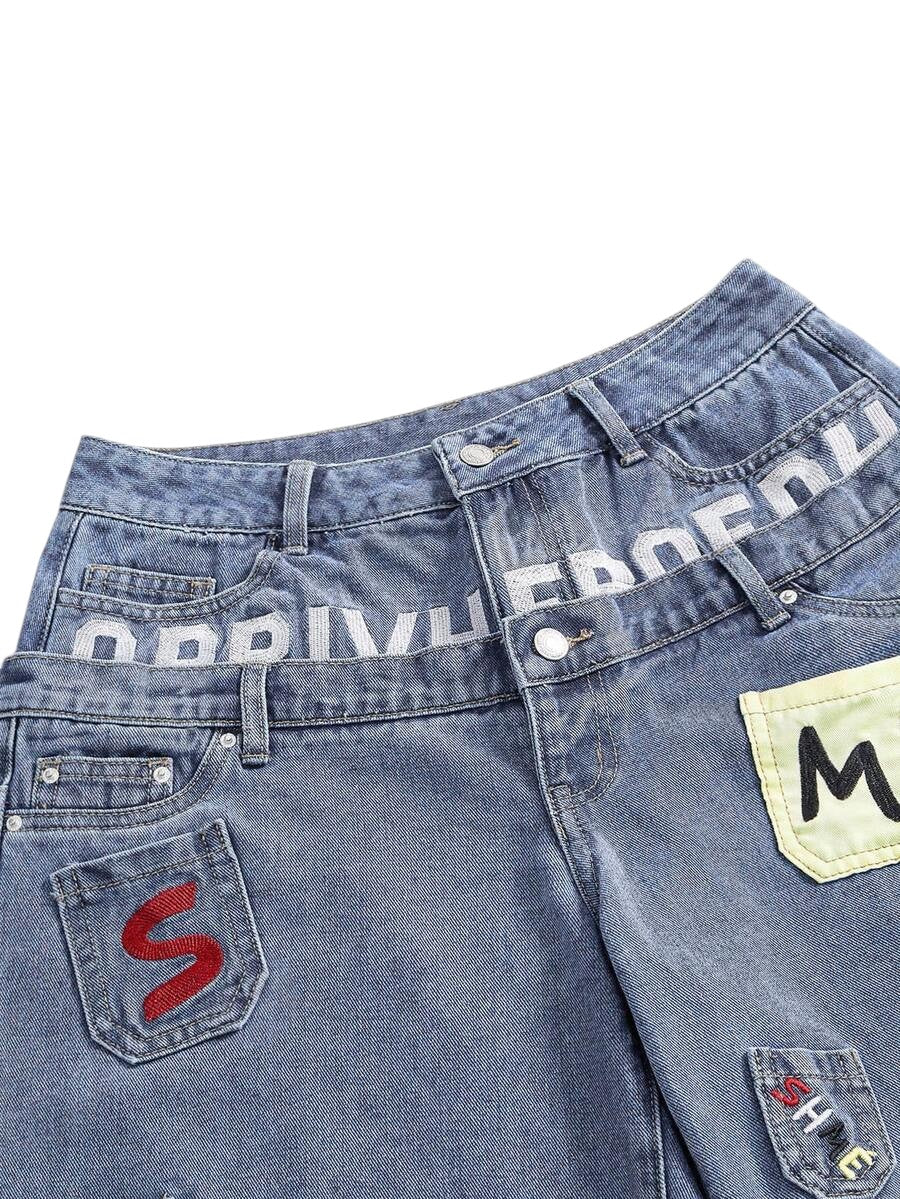Y2K Embroidered Low Rise Loose Fit Denim Bermuda Shorts