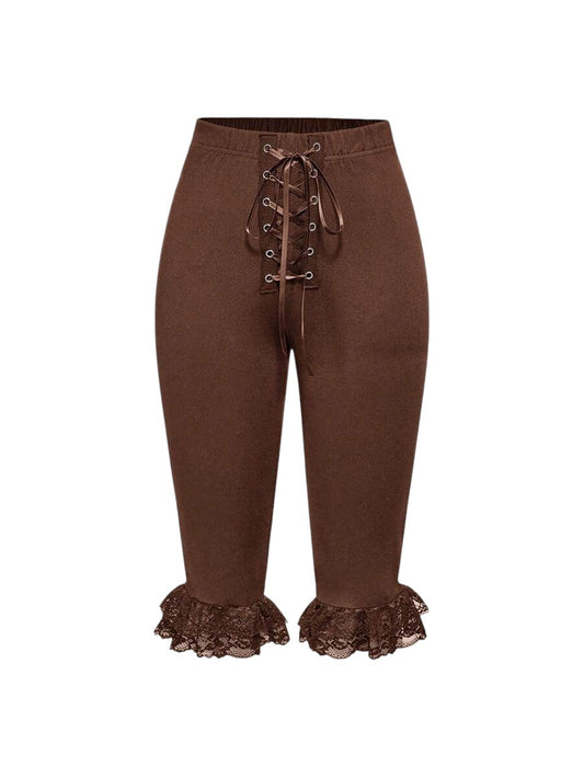 Women's Brown Lace Patchwork Tie-Up Capri Pants
