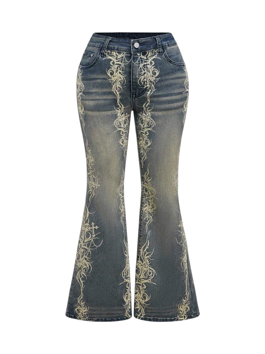 Plus Size Blue Vintage Washed Printed Flare Jeans