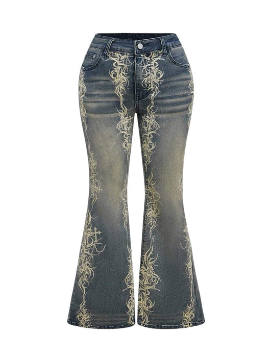Plus Size Blue Vintage Washed Printed Flare Jeans