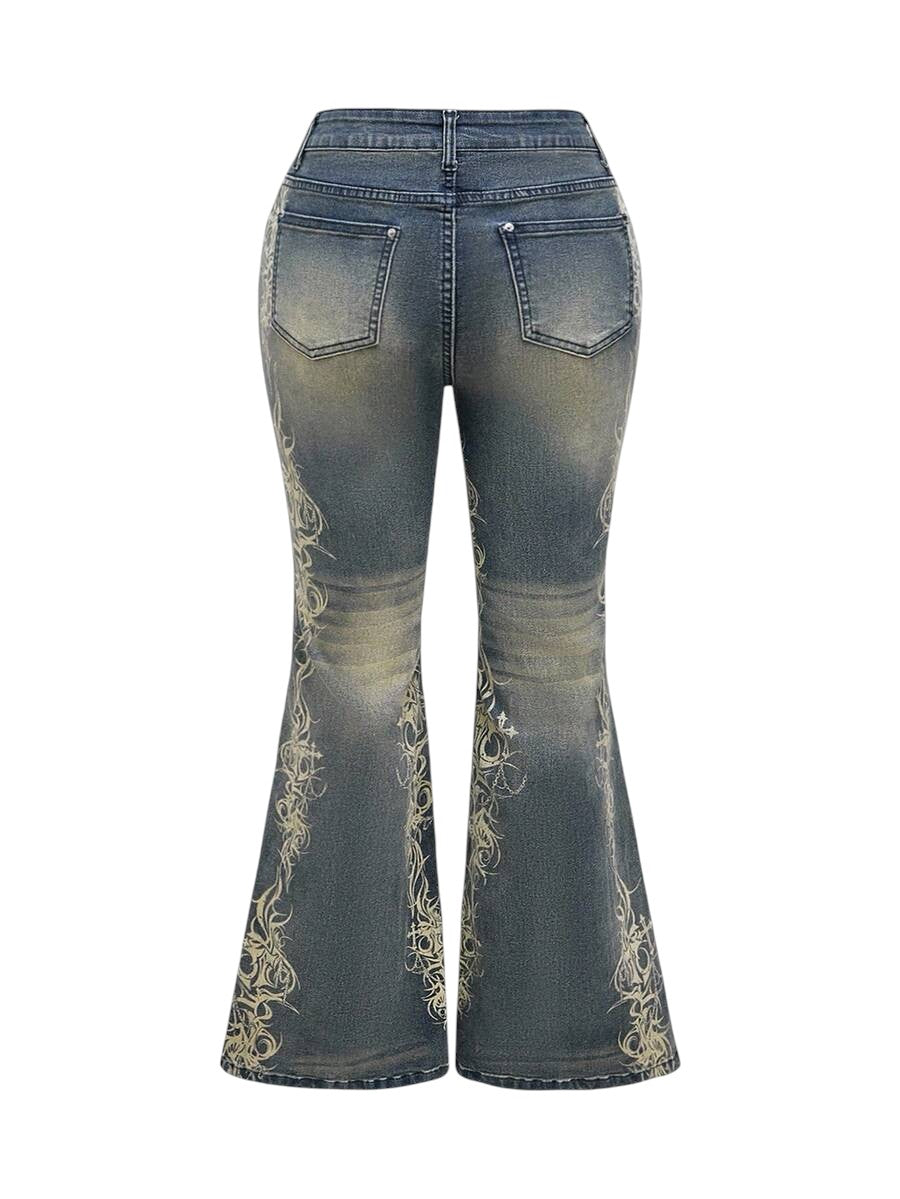 Plus Size Blue Vintage Washed Printed Flare Jeans