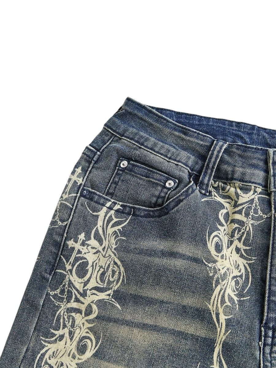 Plus Size Blue Vintage Washed Printed Flare Jeans