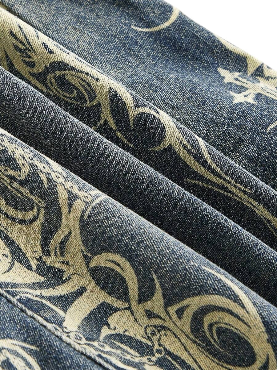 Plus Size Blue Vintage Washed Printed Flare Jeans