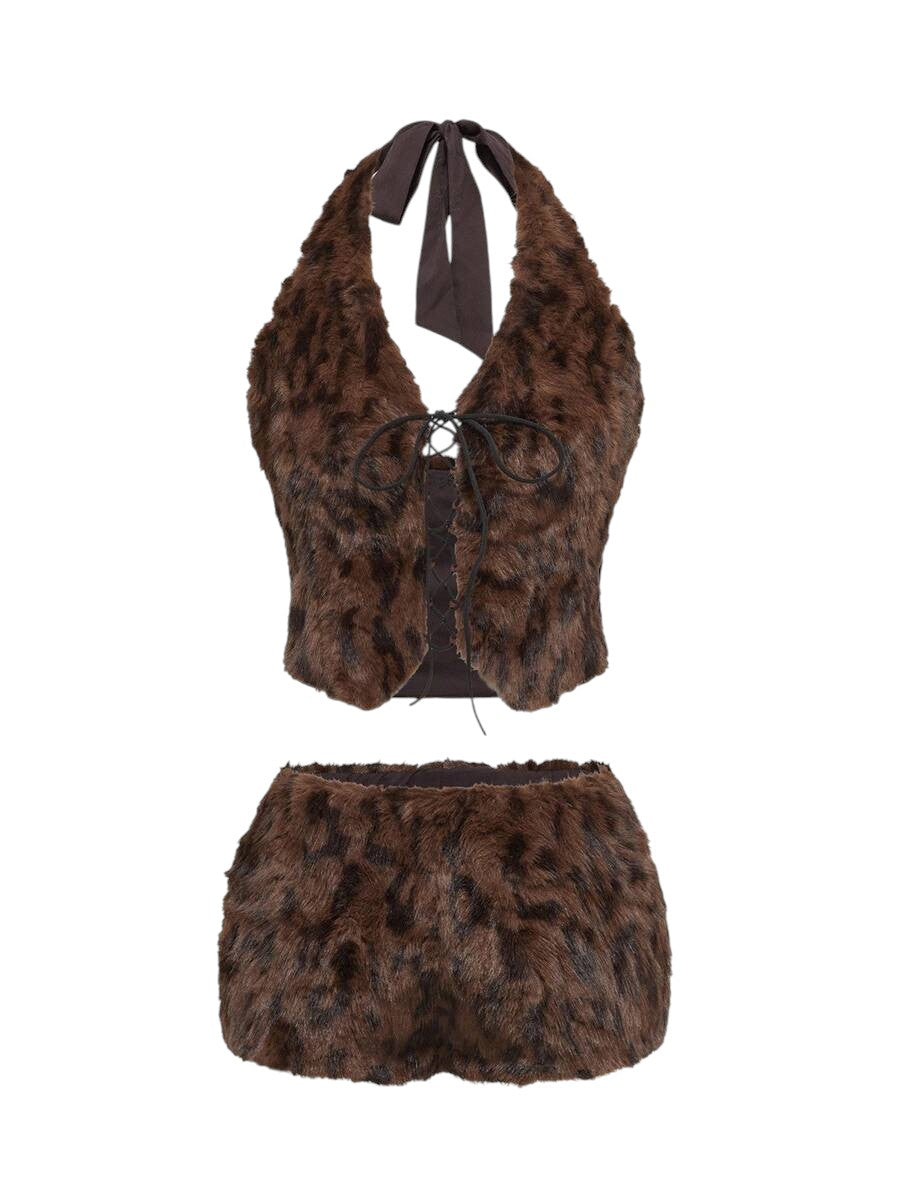 Harajuku Leopard Faux Fur Crop Top & Star Pocket Mini Skirt Co-Ord Set