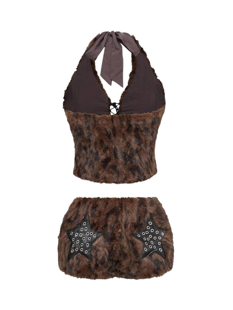 Harajuku Leopard Faux Fur Crop Top & Star Pocket Mini Skirt Co-Ord Set