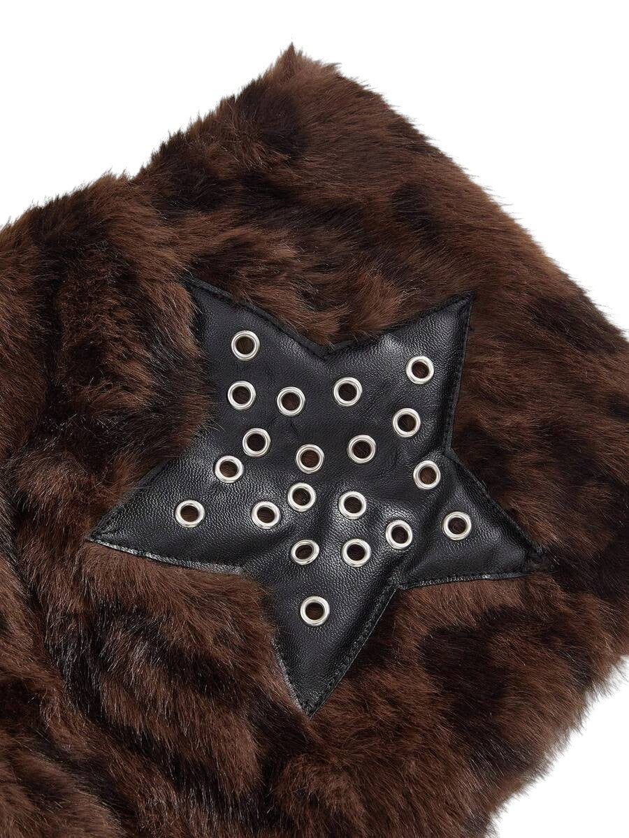 Harajuku Leopard Faux Fur Crop Top & Star Pocket Mini Skirt Co-Ord Set