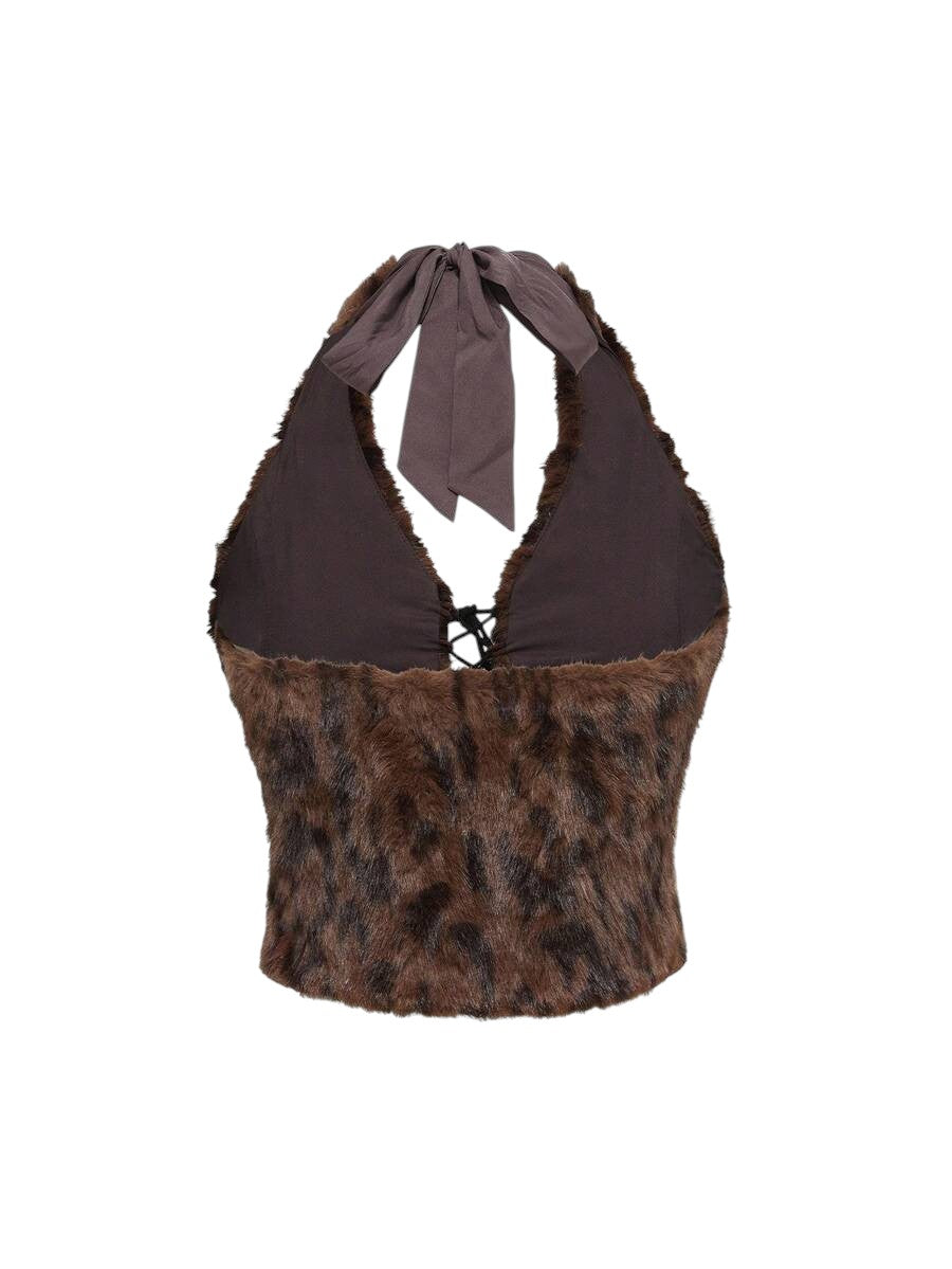 Harajuku Leopard Faux Fur Crop Top & Star Pocket Mini Skirt Co-Ord Set