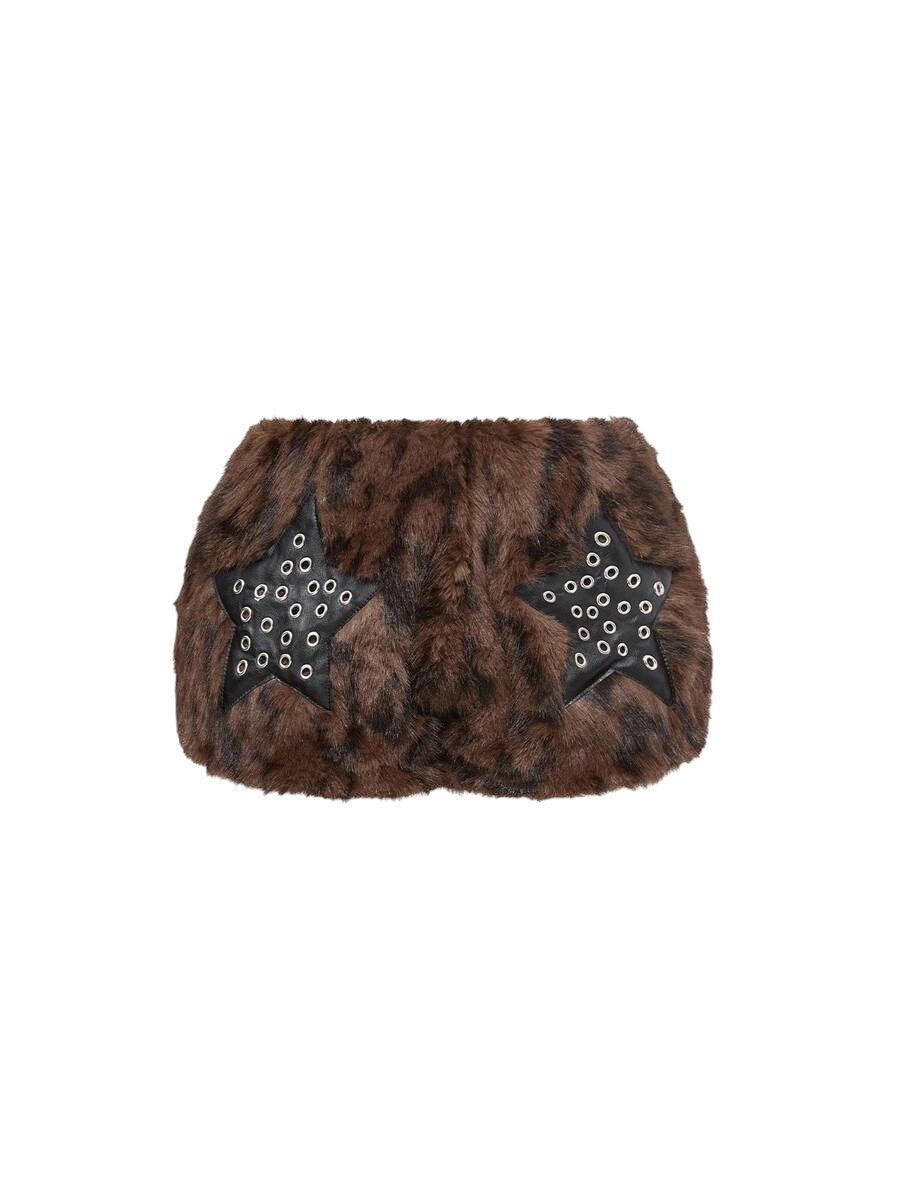 Harajuku Leopard Faux Fur Crop Top & Star Pocket Mini Skirt Co-Ord Set