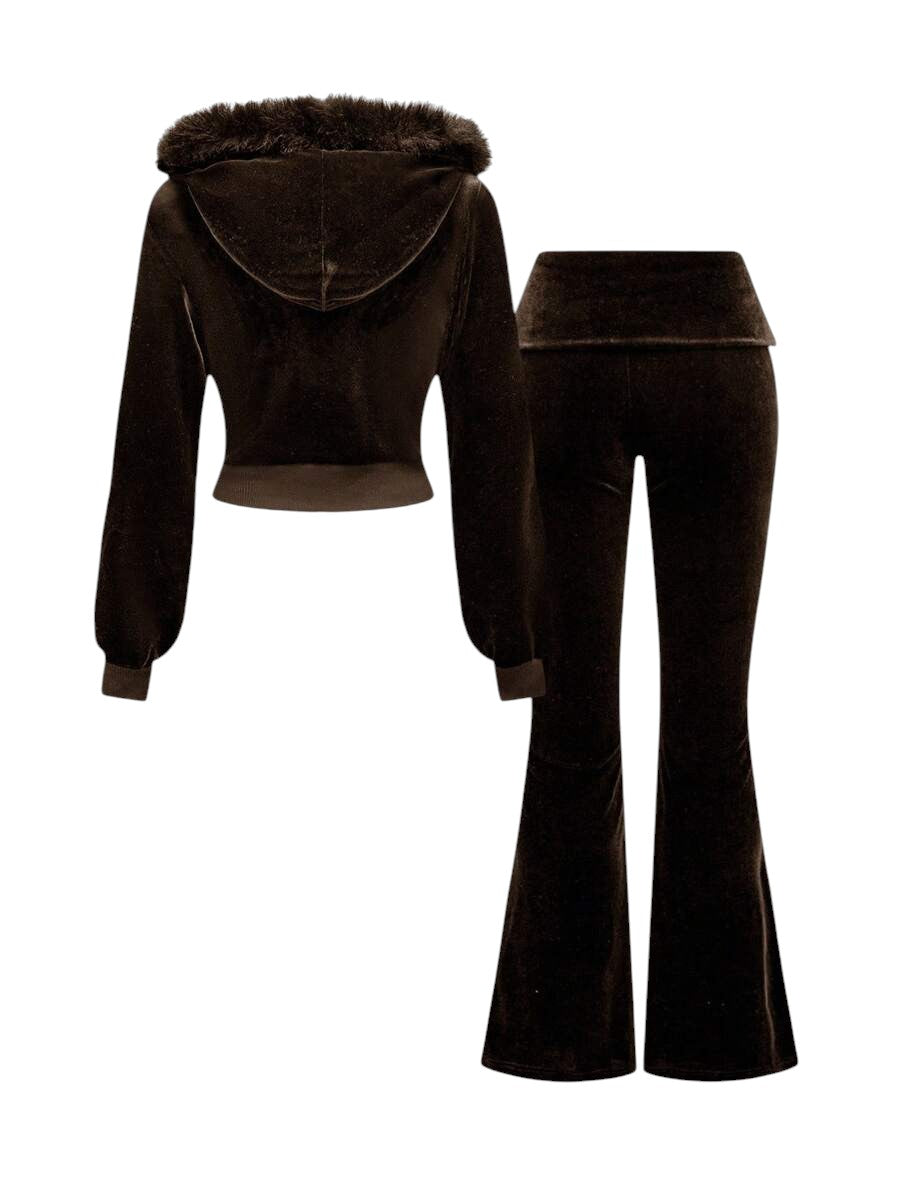 Coffee Brown Velvet Cropped Hoodie & Low Waist Flare Pants Y2K Co-Ord Set