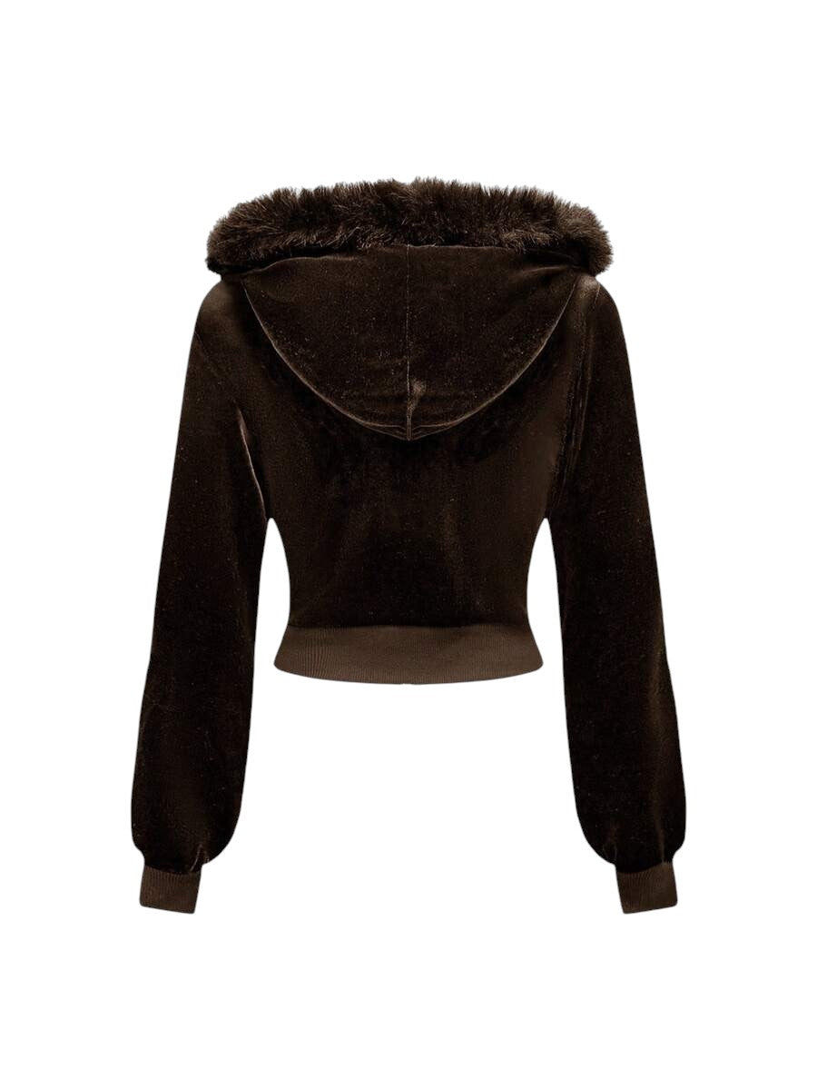 Coffee Brown Velvet Cropped Hoodie & Low Waist Flare Pants Y2K Co-Ord Set