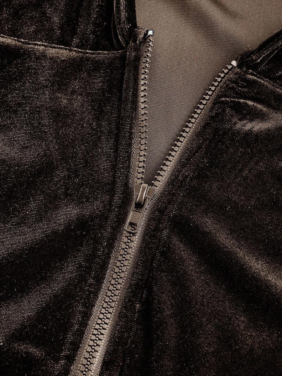 Coffee Brown Velvet Cropped Hoodie & Low Waist Flare Pants Y2K Co-Ord Set