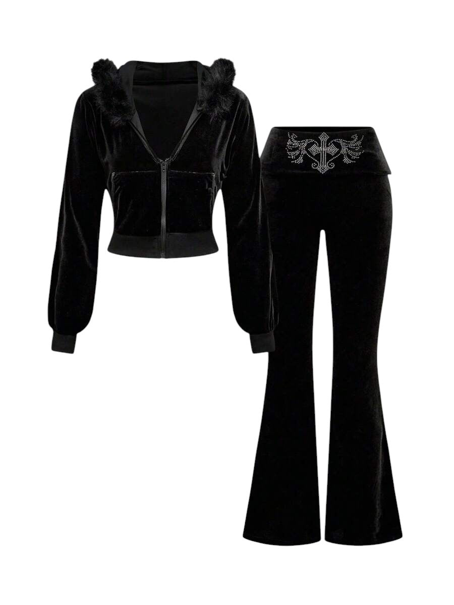 Black Velvet Cropped Hoodie & Low Rise Flare Pants Y2K Co-Ord Set