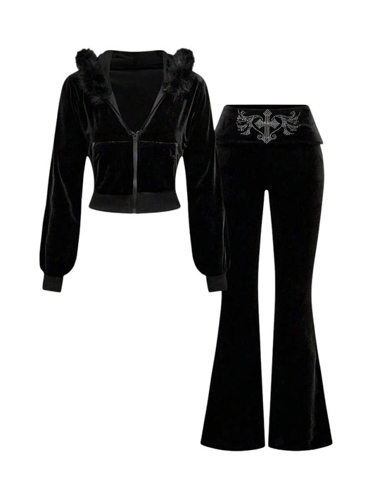 Black Velvet Cropped Hoodie & Low Rise Flare Pants Y2K Co-Ord Set