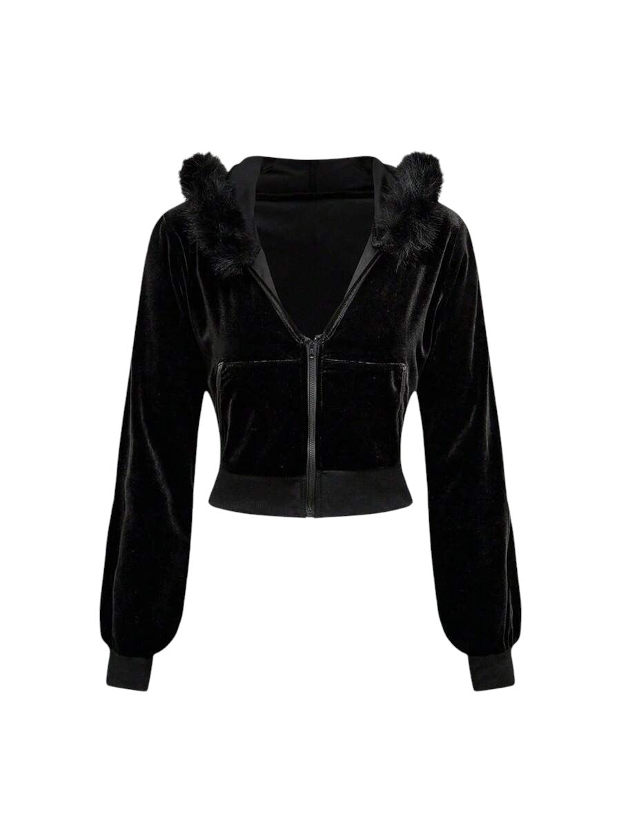Black Velvet Cropped Hoodie & Low Rise Flare Pants Y2K Co-Ord Set