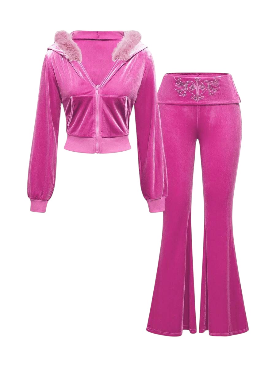 Baby Pink Velvet Cropped Hoodie & Low Rise Flare Pants Y2K Co-Ord Set