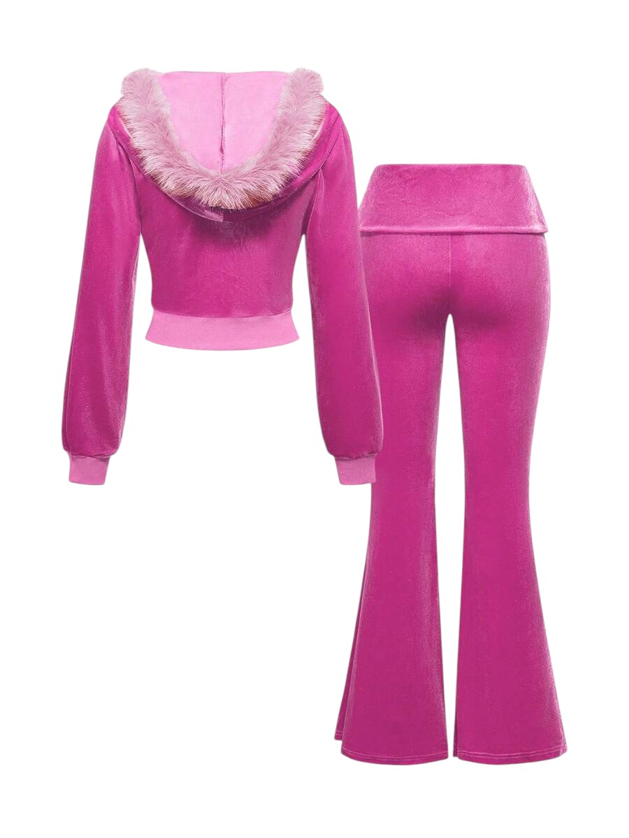 Baby Pink Velvet Cropped Hoodie & Low Rise Flare Pants Y2K Co-Ord Set