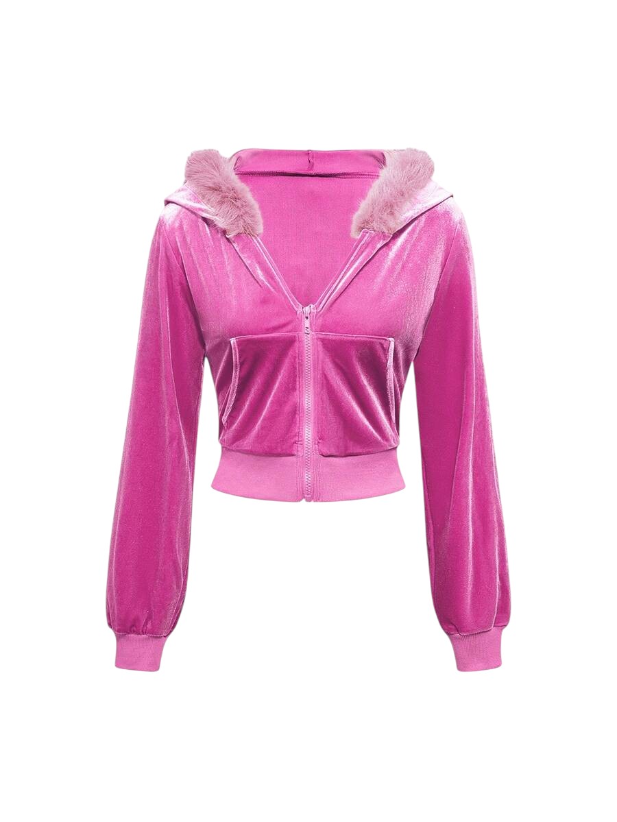 Baby Pink Velvet Cropped Hoodie & Low Rise Flare Pants Y2K Co-Ord Set