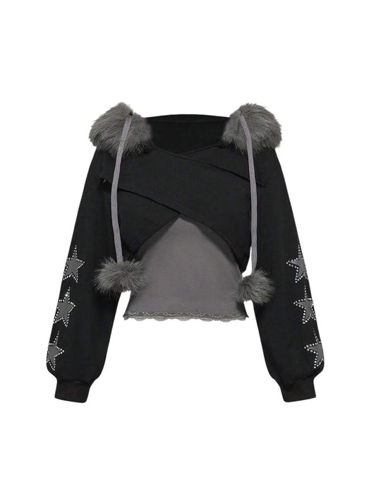 Fairycore Star Rhinestone Hoodie Vest & Crop Top Y2K Two-Piece Set