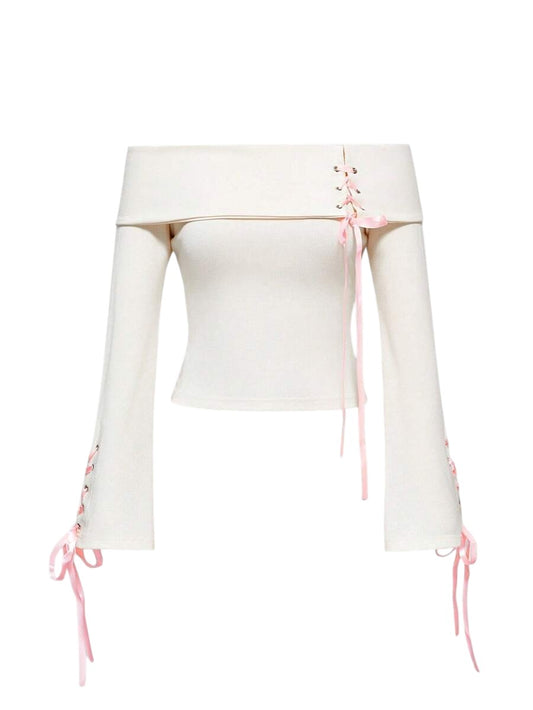Women's Linen Blend Tie-Front Off-Shoulder Flare Sleeve Top