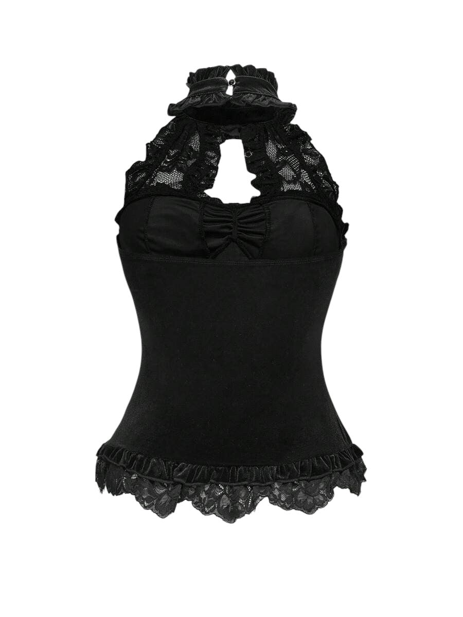 Women's Black Velvet Lace Patchwork Tie-Up Camisole