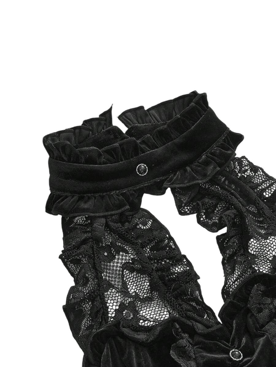 Women's Black Velvet Lace Patchwork Tie-Up Camisole