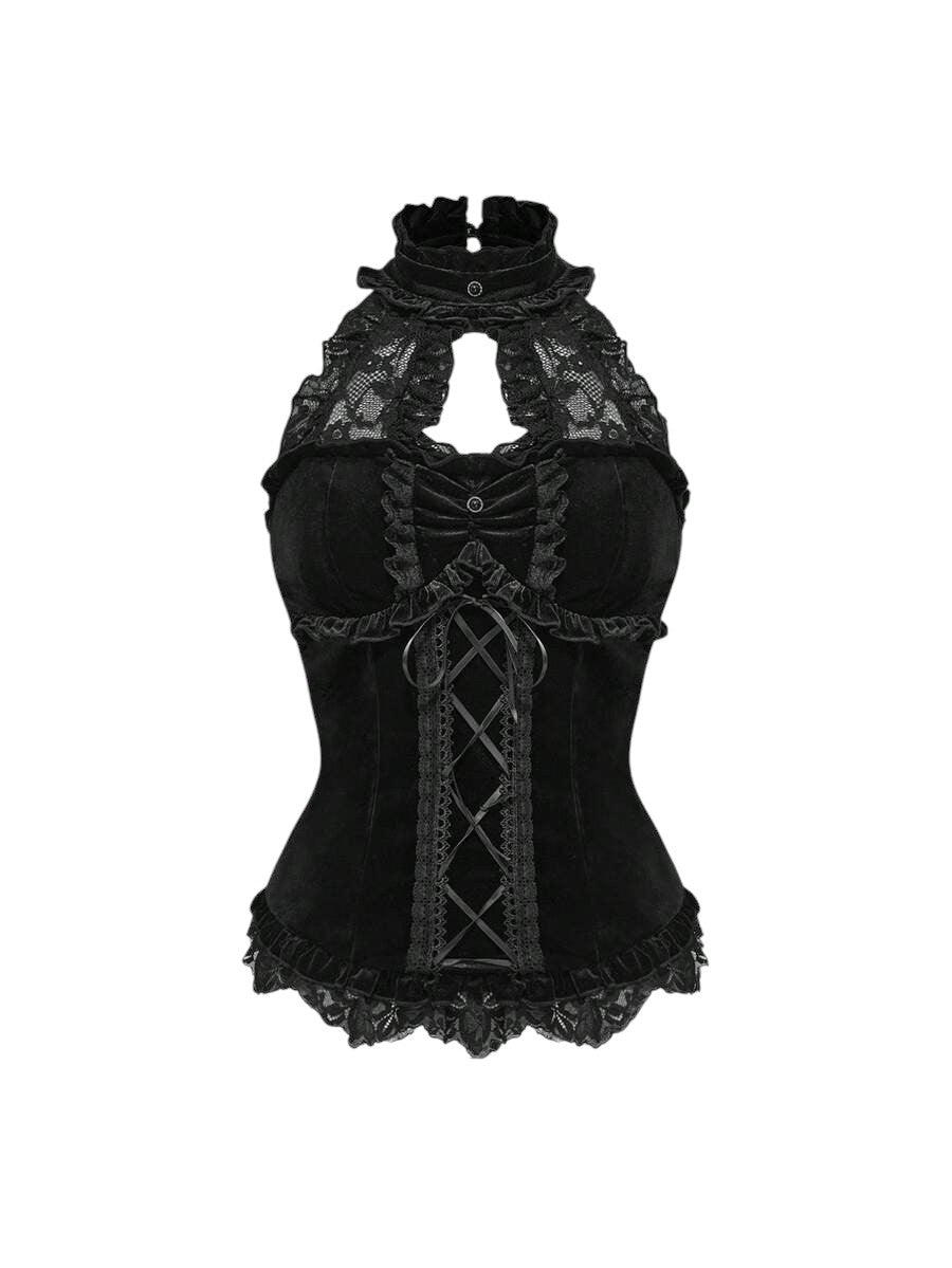 Women's Black Velvet Lace Patchwork Tie-Up Camisole