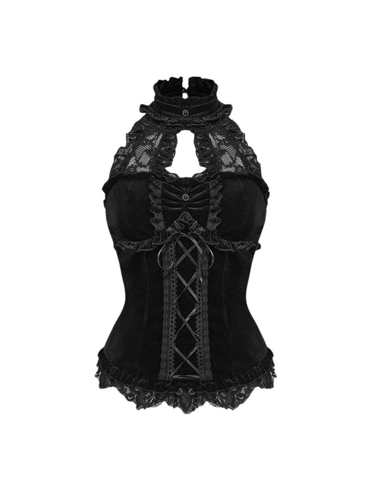 Women's Black Velvet Lace Patchwork Tie-Up Camisole