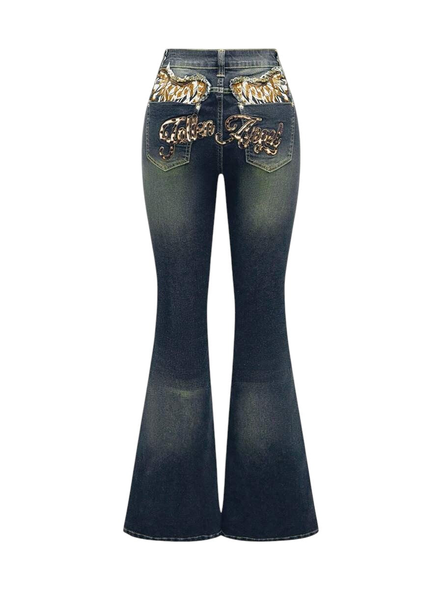Blue Y2K Leopard Print Wing Graphic Low Rise Flare Jeans