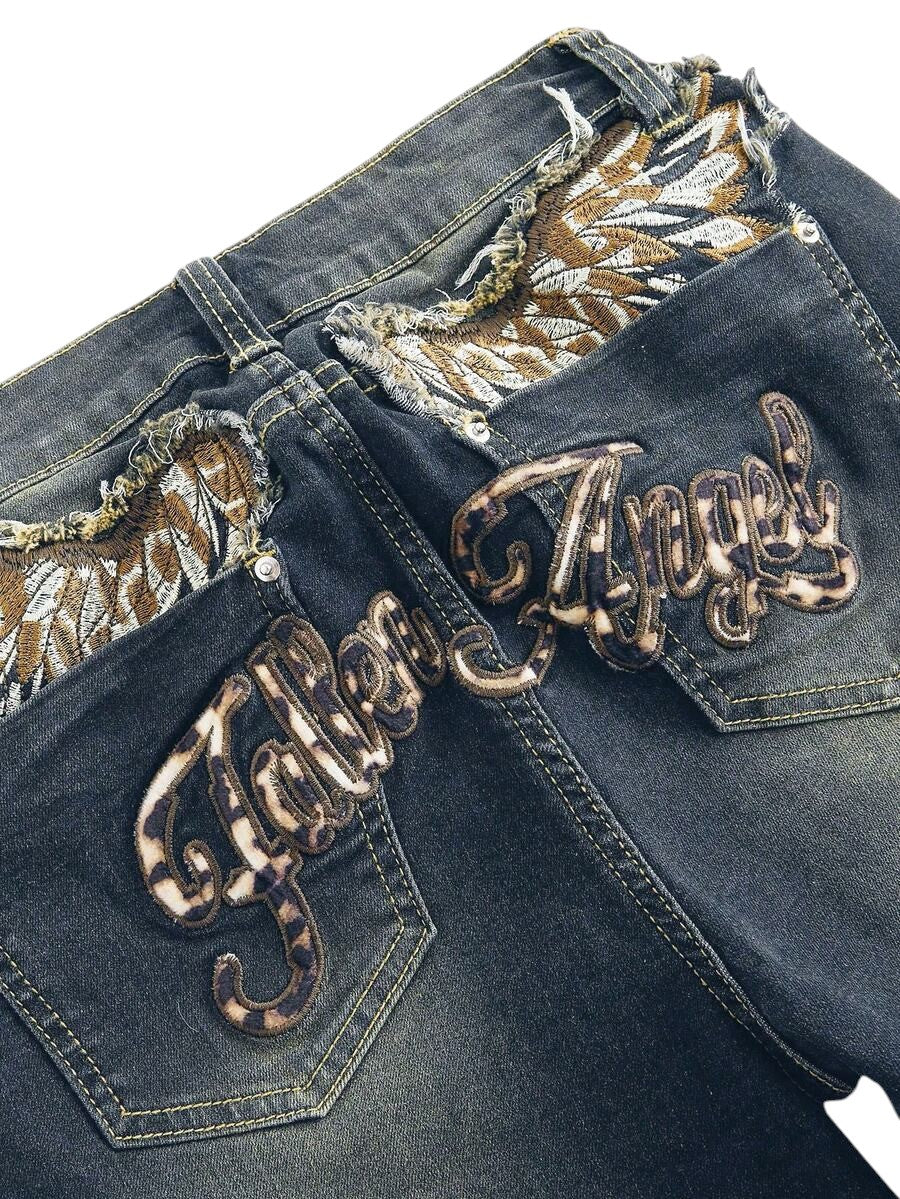 Blue Y2K Leopard Print Wing Graphic Low Rise Flare Jeans
