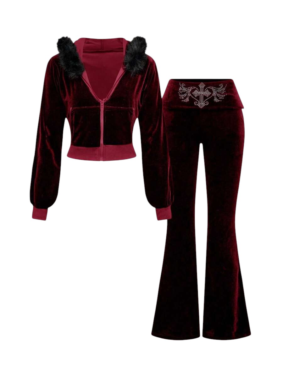 Burgundy Velvet Cropped Hoodie & Low Waist Flare Pants Y2K Co-Ord Set