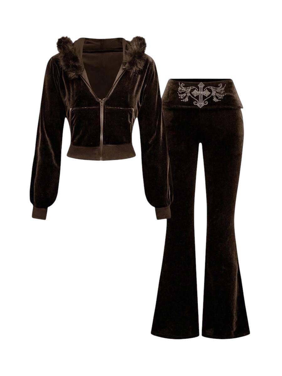 Coffee Brown Velvet Cropped Hoodie & Low Waist Flare Pants Y2K Co-Ord Set