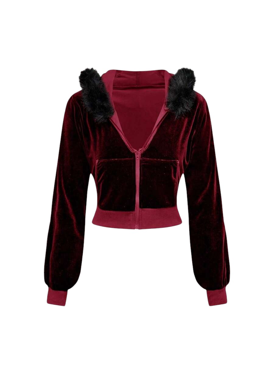 Burgundy Velvet Cropped Hoodie & Low Waist Flare Pants Y2K Co-Ord Set