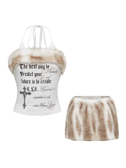 Faux Fur Halter Bodycon Mini Skirt Two-Piece Set