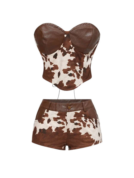 Leopard Print PU Crop Top & Mini Shorts Two-Piece Set