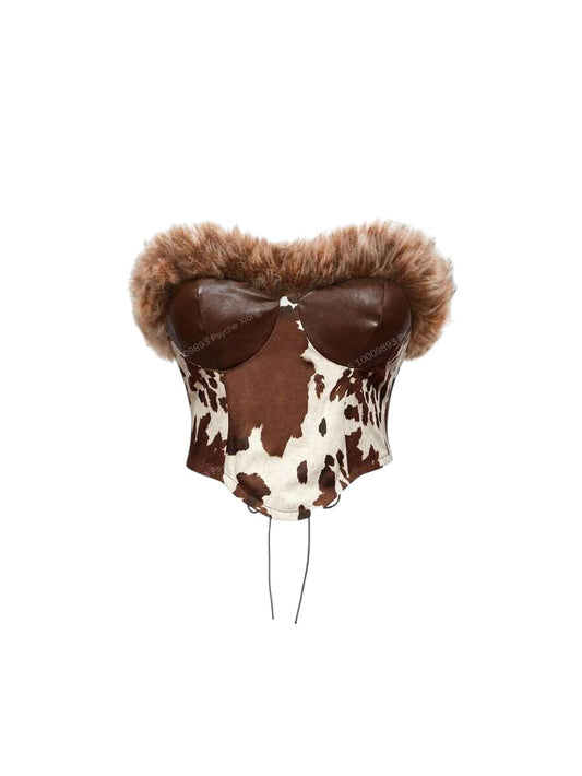 Cowgirl Faux Fur Patchwork Brown Animal Print PU Leather Top