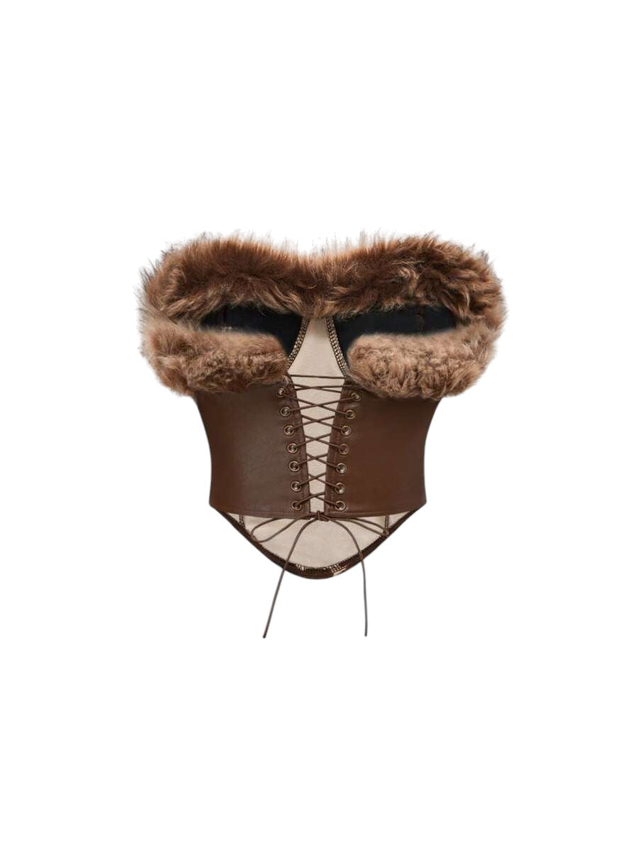 Cowgirl Faux Fur Patchwork Brown Animal Print PU Leather Top