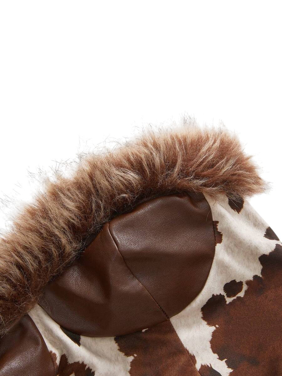 Cowgirl Faux Fur Patchwork Brown Animal Print PU Leather Top