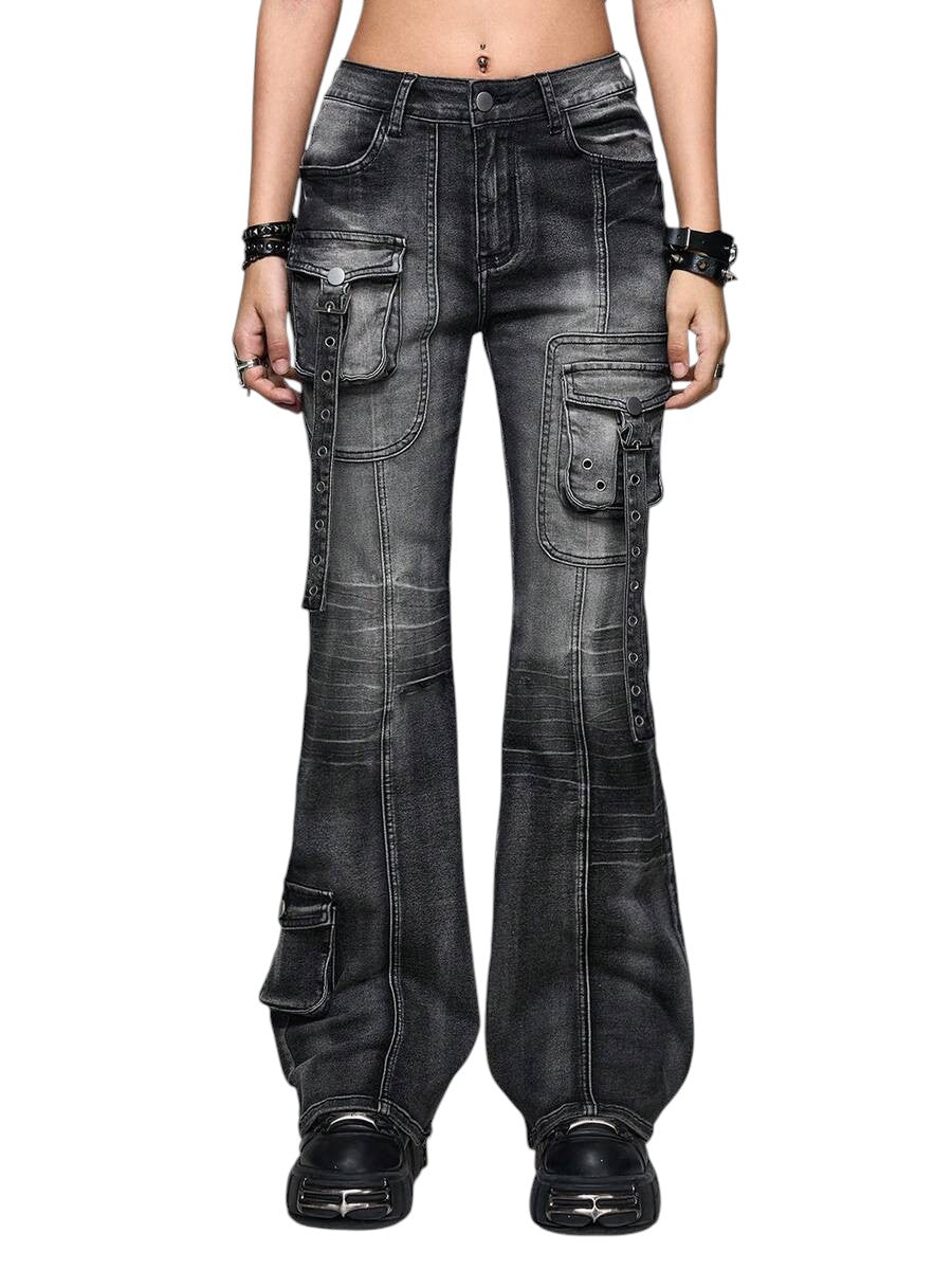 Grey Grunge Punk Super Low Rise Distressed Flare Jeans