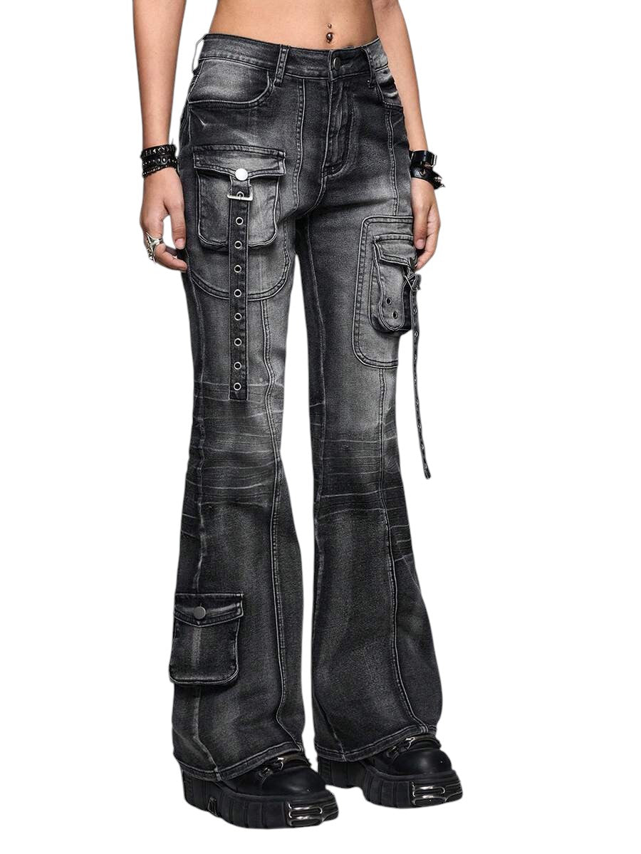 Grey Grunge Punk Super Low Rise Distressed Flare Jeans