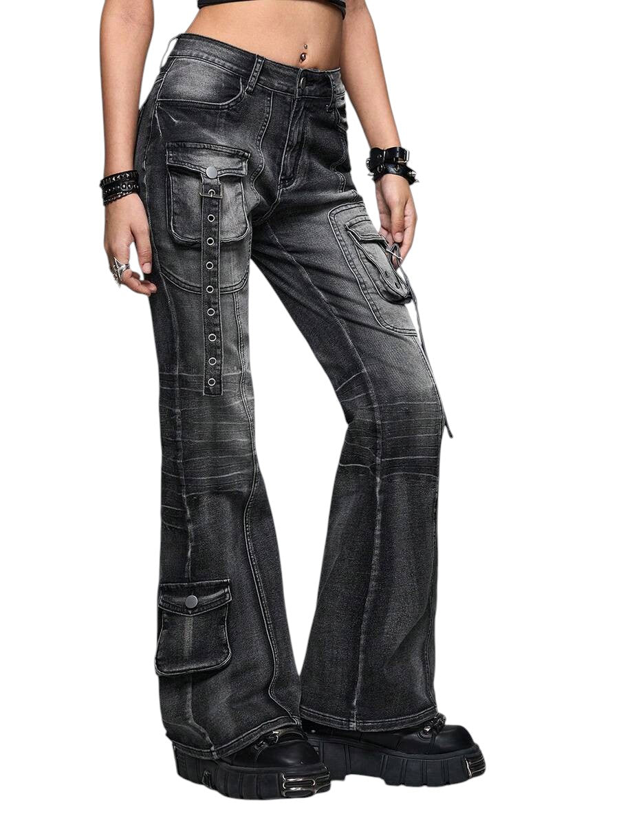 Grey Grunge Punk Super Low Rise Distressed Flare Jeans