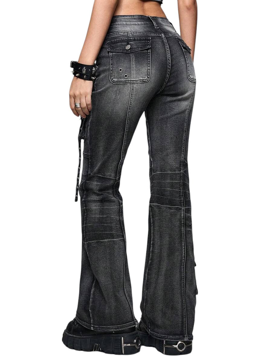 Grey Grunge Punk Super Low Rise Distressed Flare Jeans