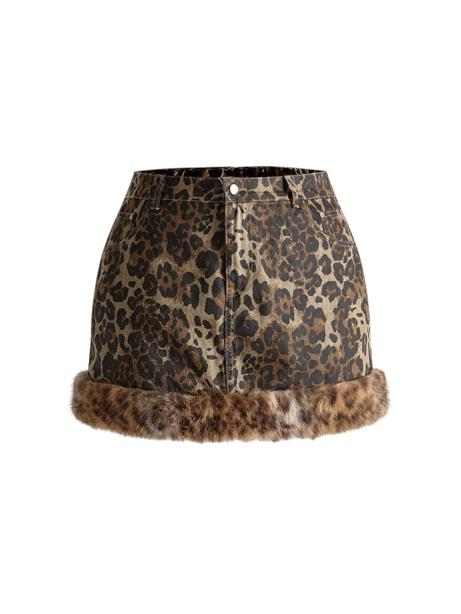 Plus Size Leopard Faux Fur Bodycon Denim Mini Skirt