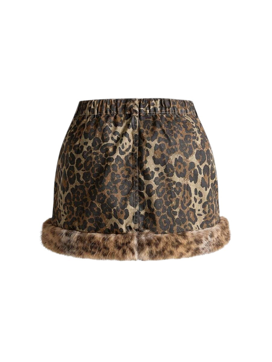 Plus Size Leopard Faux Fur Bodycon Denim Mini Skirt