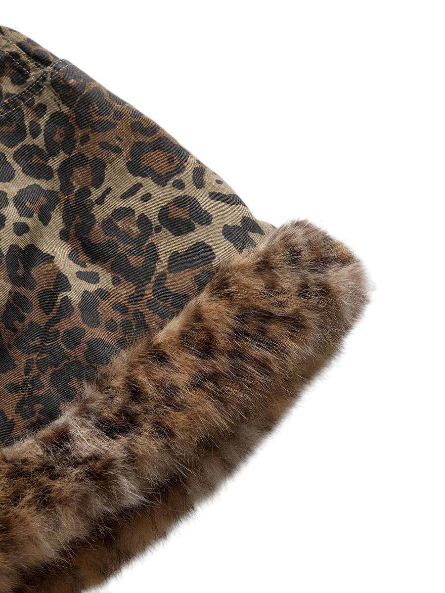 Plus Size Leopard Faux Fur Bodycon Denim Mini Skirt