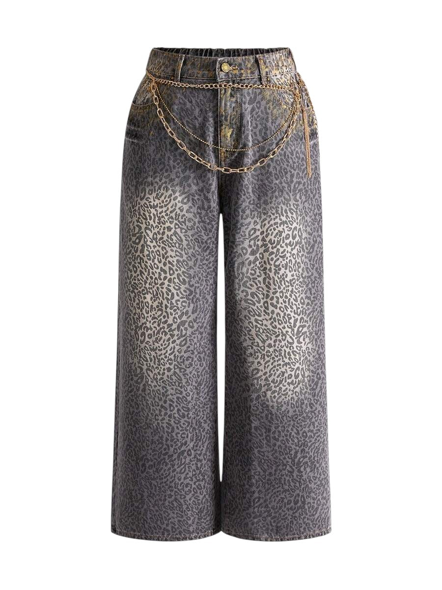 Plus Size Y2K Leopard Print Rhinestone Chain Flare Jeans